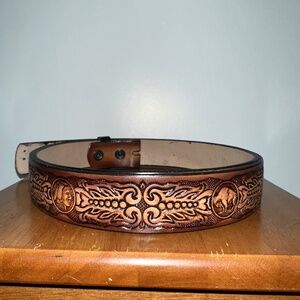Brown Leather Belt with a buffalo/Indian head nickel engraving